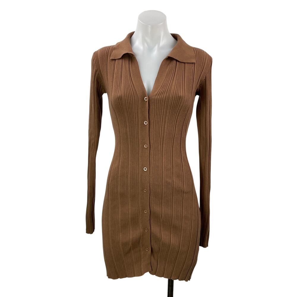 Isalis Women's Brown Long Sleeves Ribbed Button Front Bodycon Mini Dress Size S